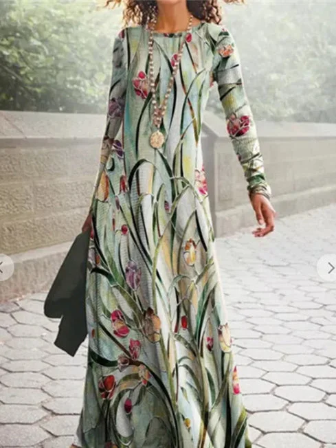 Women's Graphic Ethnic Print Scoop Neck Long Sleeve Midi Dress