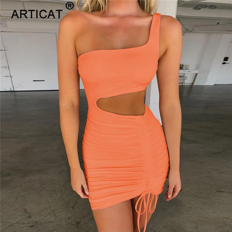 Articat One Shoulder Hollow Out Sexy Summer Dress Women Fold Drawstring Bandage Bodycon Dress Fashion Ruched Mini Party Dresses