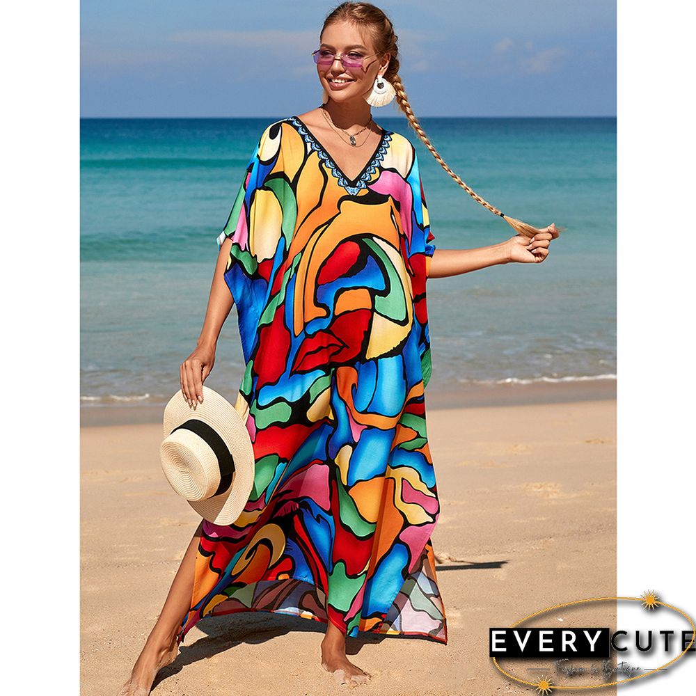 Multicolor Graffiti Loose Beach Kimono Dress