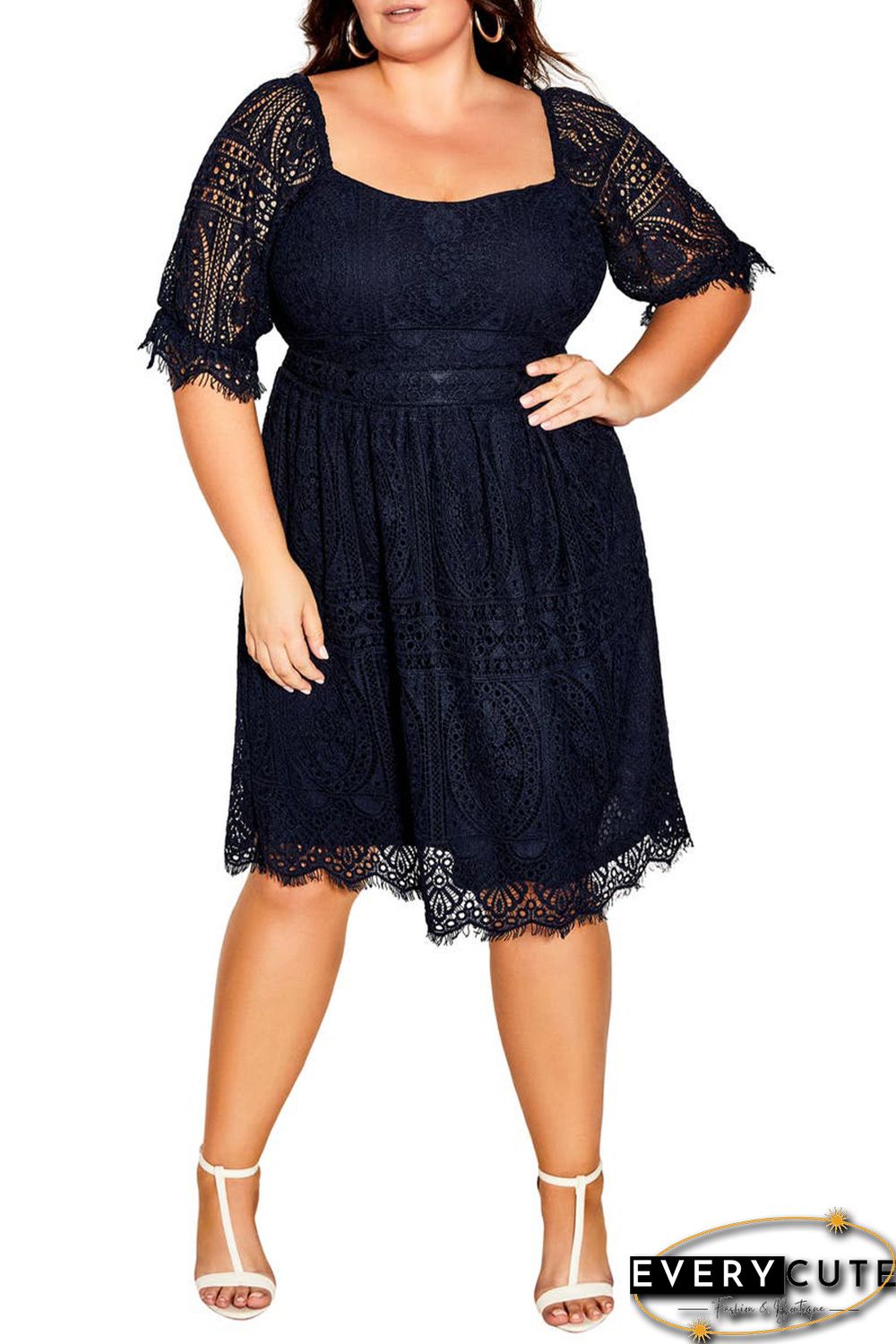 Black Eyelash Lace Square Neck Plus Size Dress