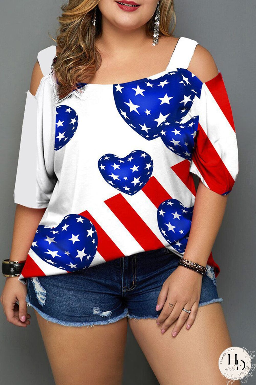 White Blue Red Fashion Casual Print Patchwork Off the Shoulder Plus Size Tops