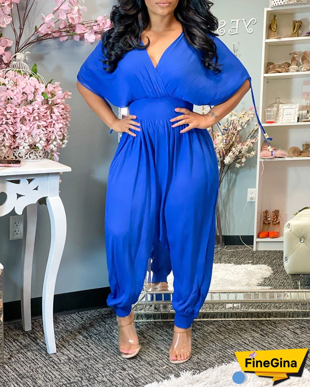 Shirred Short Sleeve Ruched Harem Jumpsuit