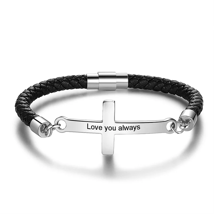 Personalized Engraved Mens Braided Leather Cross Bracelet