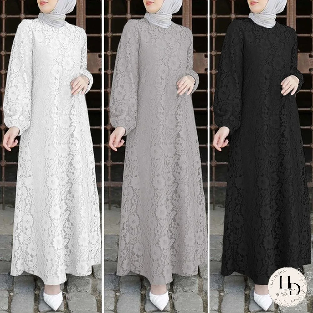 Women Muslim Full Sleeve Cotton Kaftan Long Shirt Dress Abaya Lace Patchwork Elastic Cuff Maxi Sundress