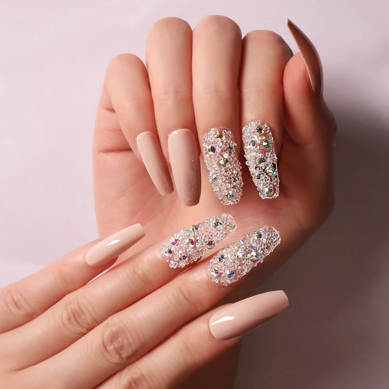 24pcs/box fake nails with glue designed colourful Gold thread rainbow paragraph press on nails coffin girls nail tips stick-on-Nail Inspo