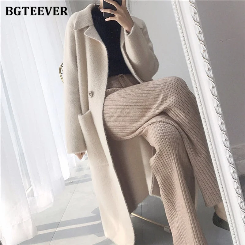 BGTEEVER Thick Turn-down Collar One Button Women Cardigans Sweater Autumn Winter Pockets Loose Female Knit Cardigans Coat 2020