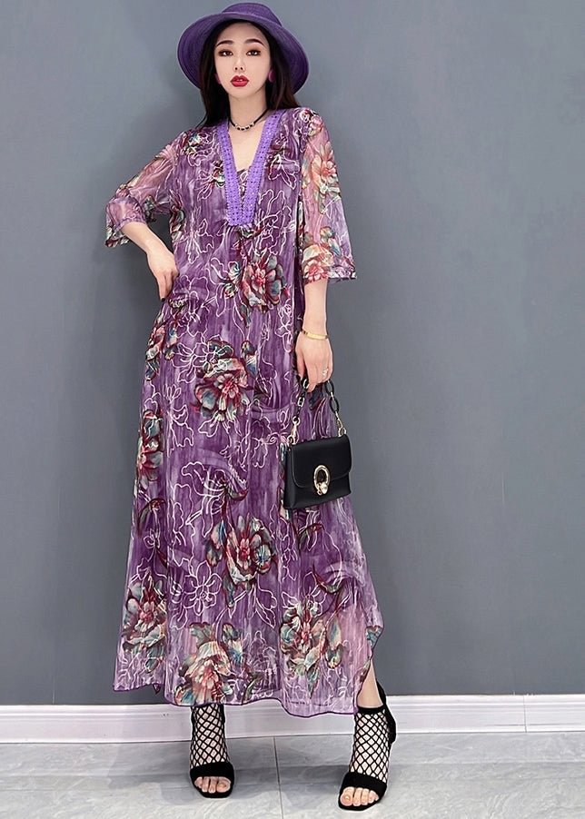 Boutique Purple V Neck Embroideried Hollow Out Tulle Maxi Dresses Half Sleeve