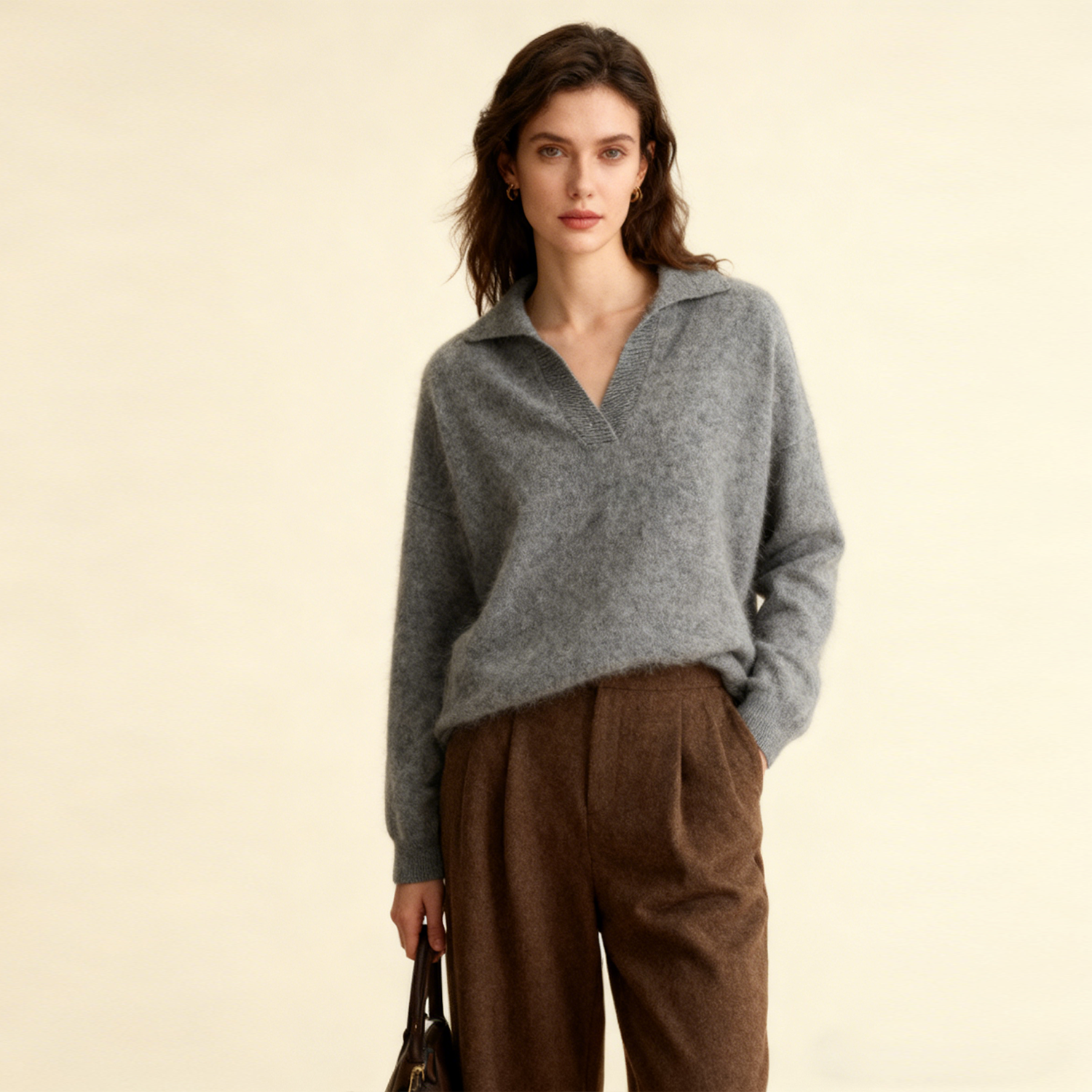 Women's Heavyweight Brushed Cashmere V-Neck Sweater REAL SILK LIFE