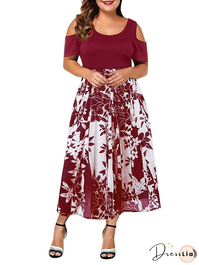 Plus Size Casual Dress Skater Line Floral Long Maxi Short Sleeve Hollow Out Print Crew