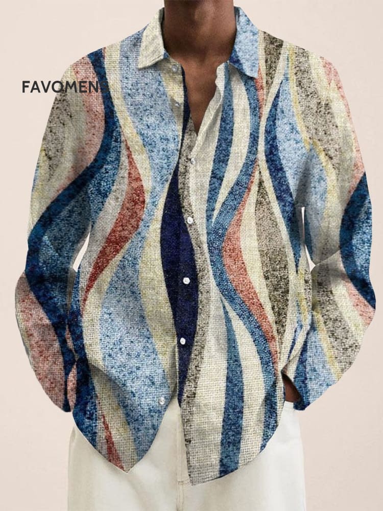 Wavy Stripes Vintage Stripe Print 100% Cotton Long Sleeve Shirt Multicolor / S