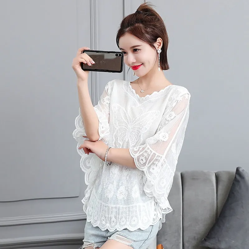 Womens Tops and Blouses WomenThree Quarter Shirts White Blouse Women Shirts Lace Shirt Sunscreen Shirt Outside Blouse 4014
