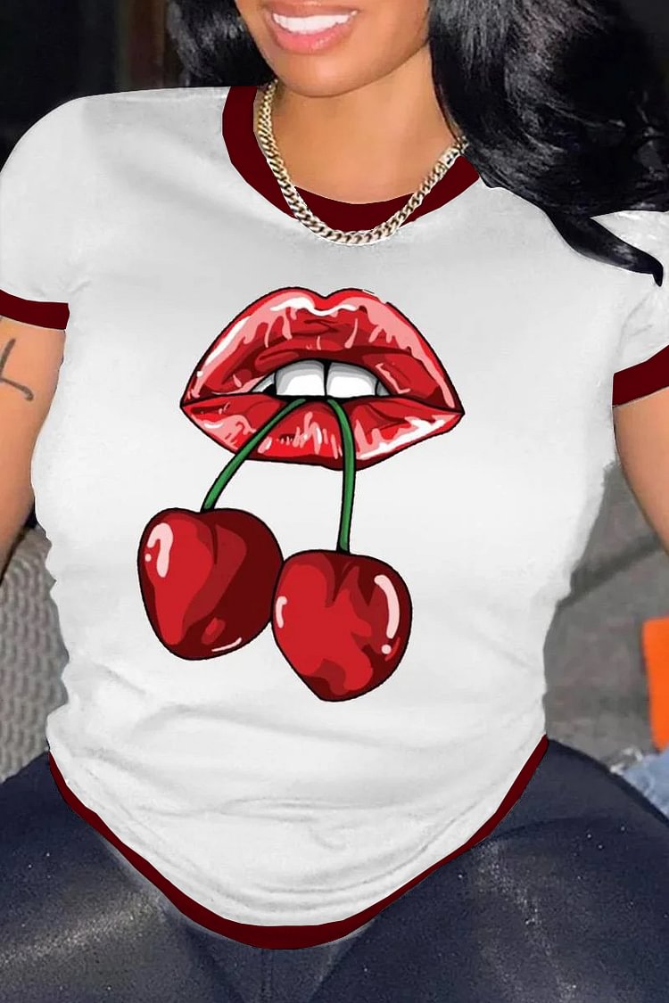 Plus Size Casual Lips Cherry Print White T-Shirts [Pre-Order]