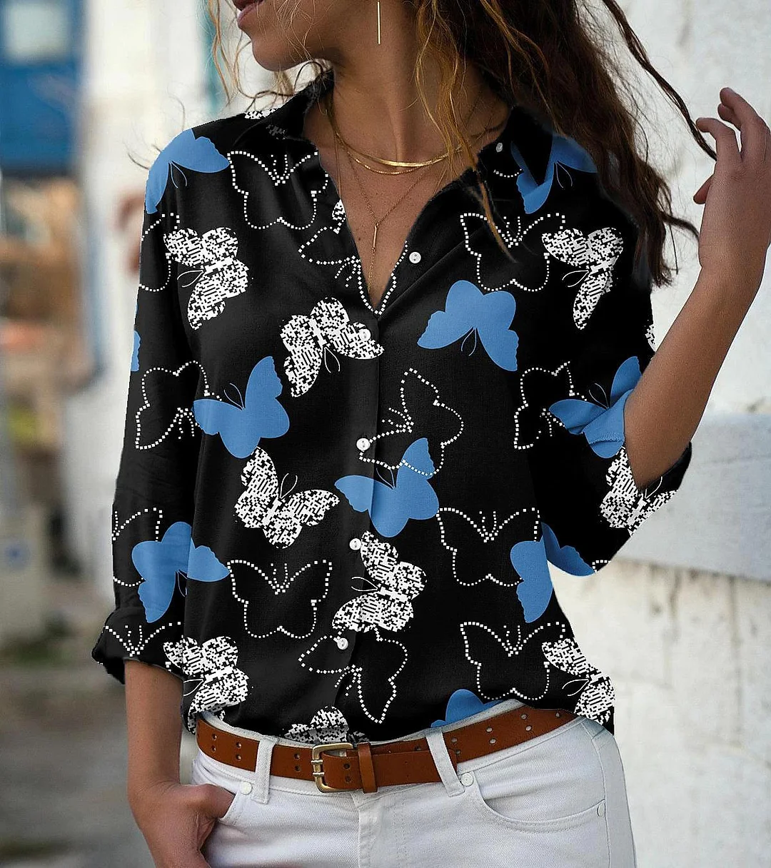 Butterfly Print Blouses For Women Turn-down Collar Long Sleeve Elegant Office Lady Tops Casual Plus Size Fashion Shirts Blusas