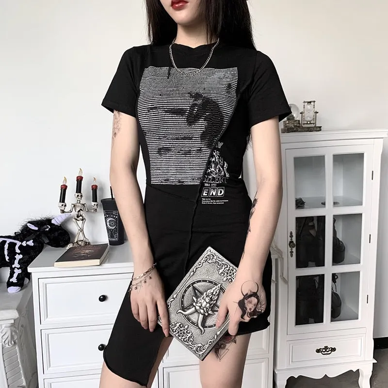 InsGoth Punk Irregular Black Mini Dresses Women Gothic Print Patchwork Bodycon Female Dress Casual Slim Vintage Dress