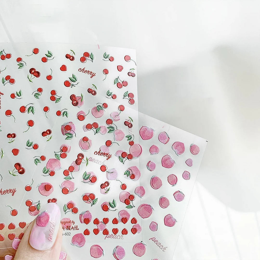 1 Pc 3D Acrylic Engraved Nail Sticker Embossed Pink Cherry Peach Water Decals Empaistic Nail Water Slide Decals Summer Nail Art-Nail Inspo