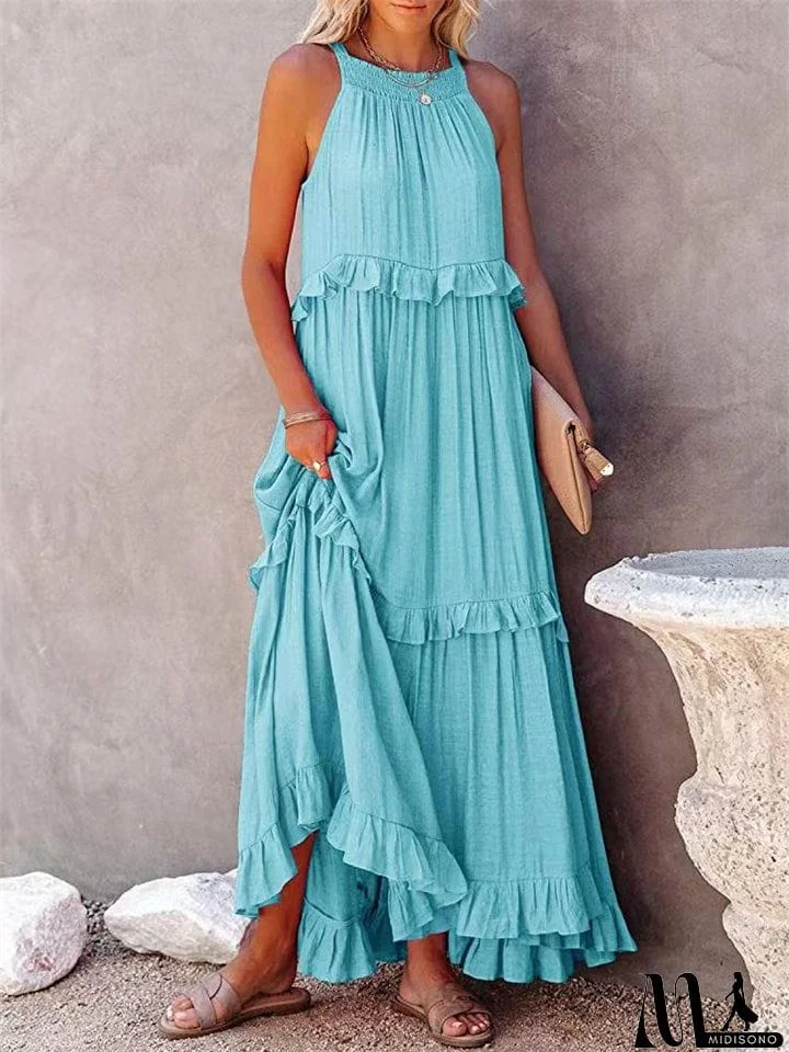 MidiSono - Romantic Ruffles Swing Sleeveless Halter Maxi Dress for Women
