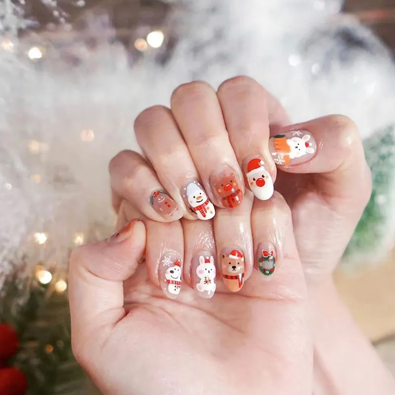 Churchf Churchf Round Head Wear Nail Santa Snowman Fake Nail Polish Winter Bear Nails Finished Nails