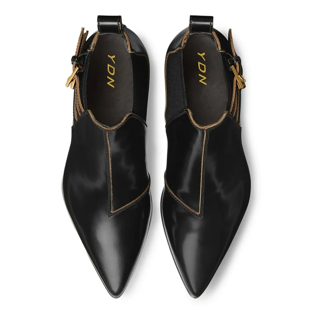Black Pointed Toe Flat Triple Strap Buckle Short Boots for Women