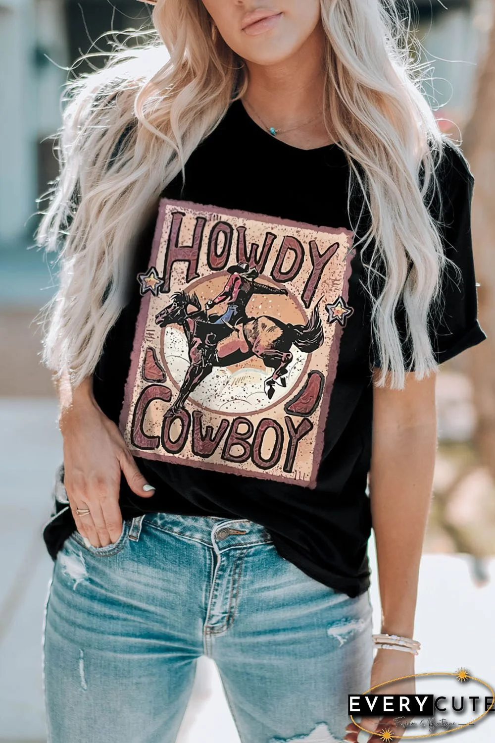 Black HOWDY COWBOY Rodeo Graphic Print Tee