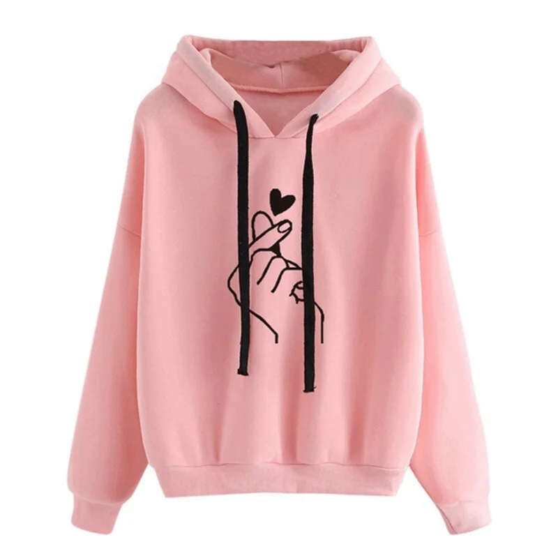 Women Hoodies Fashion Finger Heart Love Pattern Hooded Sweatshirts Autumn Winter Casual Drawstring Long Sleeve Female Pullovers