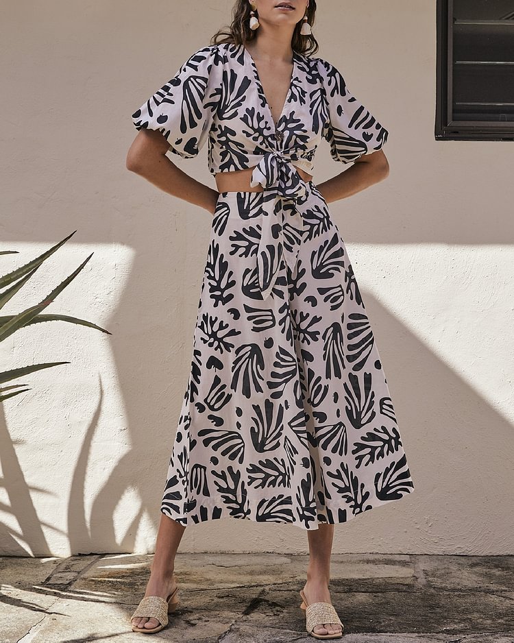 Resort Print Tie Shirt Wide-Leg Pants Set