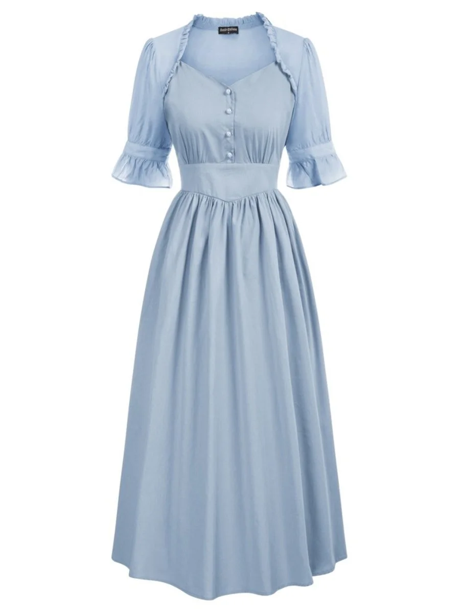 Vintage Dresses V-neck Puffle Sleeves High Waist Maxi Swing Dress