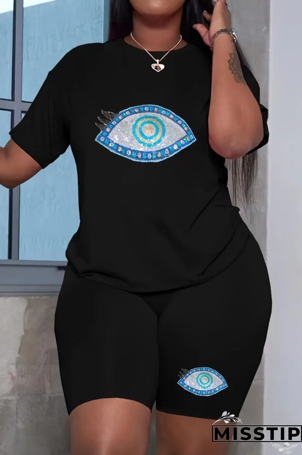Black Casual Eyes Printed Basic O Neck Short Sleeve Two Pieces