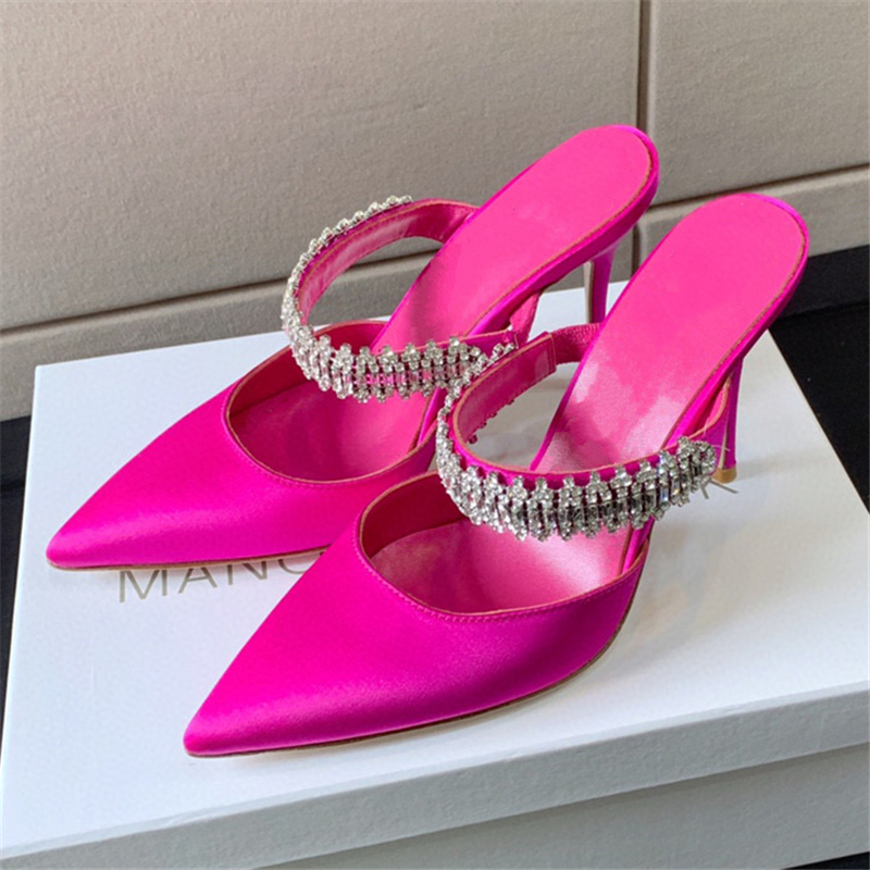 VCSHOES Crystal Embellished Satin Sandals Women 10cm Stiletto Heel Pointed Toe Slingbacks Rhinestone Mules