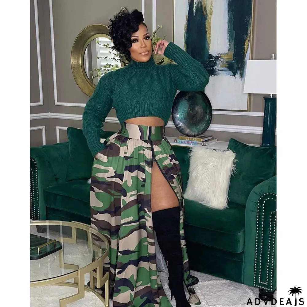 Spring Summer Women's Casual Casual Print Zipper Slit Stretch Waist Skirt
