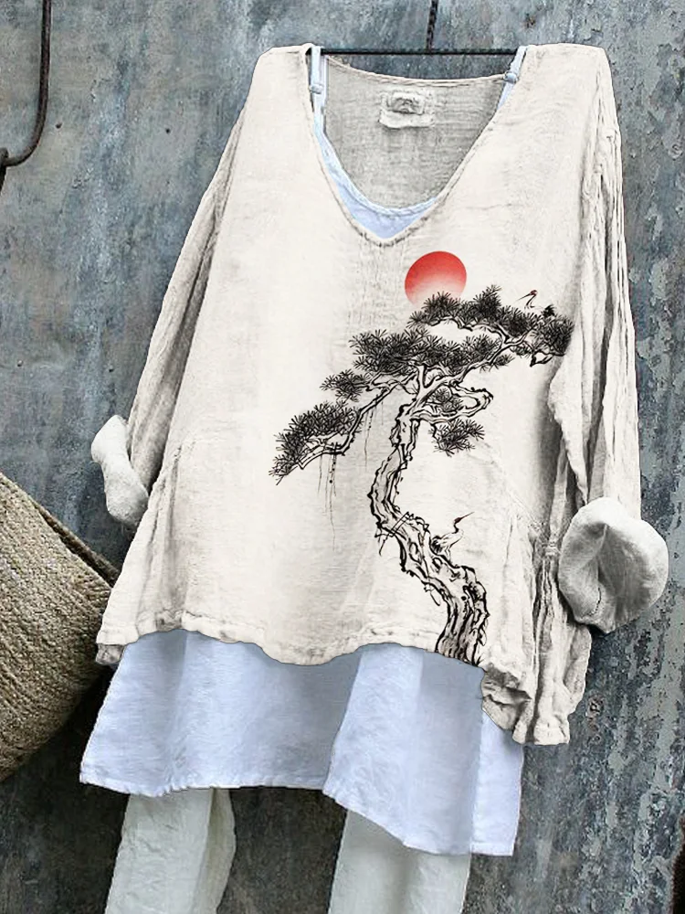 Ink and Pine Japanese Art Print V-Neck Loose Top
