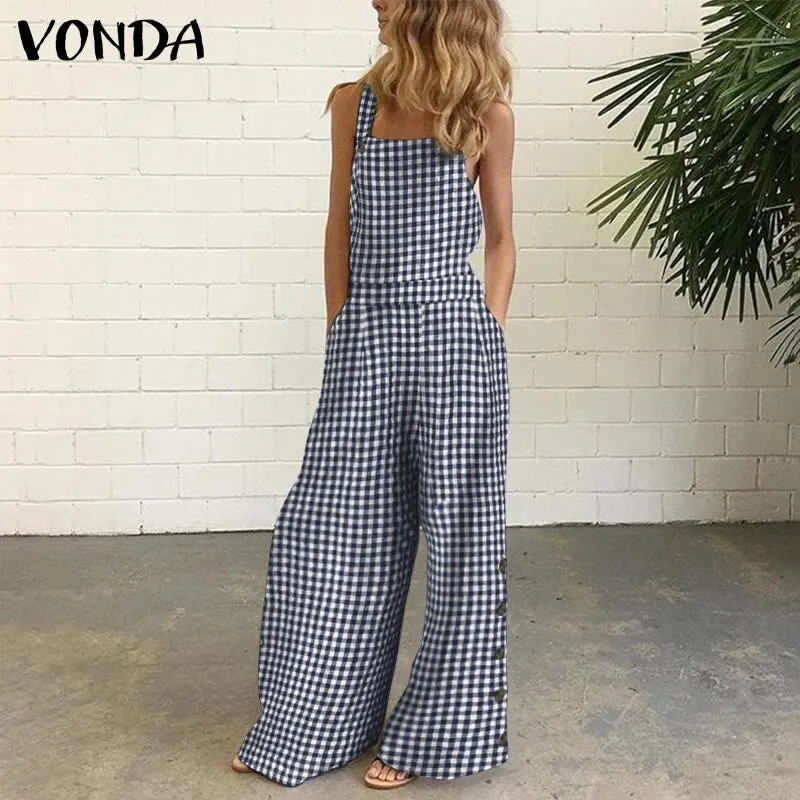 VONDA Women Jumpsuits 2022 Summer Wide Leg Full Length Sexy Sleeveless Vintage Checked Plaid Suspenders Playsuits Long Overalls