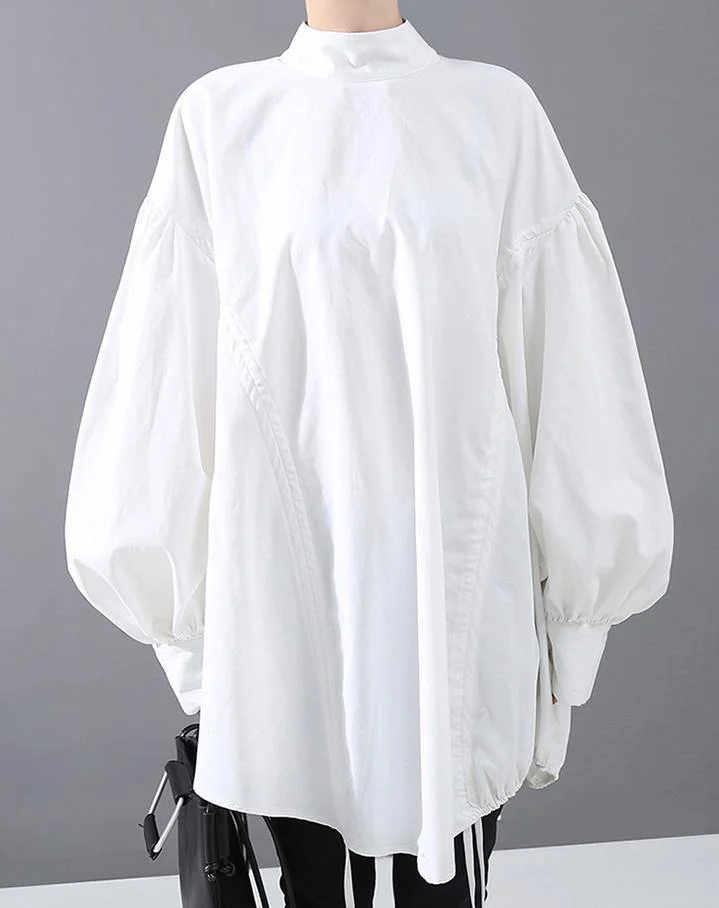 Lantern Sleeve Woman Casual Style Black White Hipster Blouse Shirt
