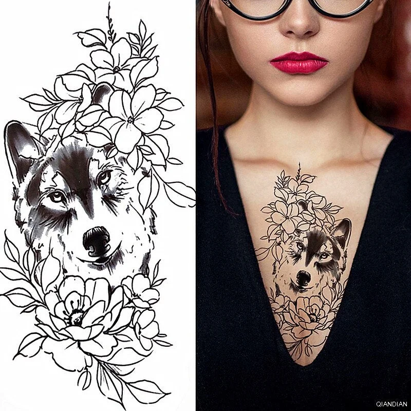 Black Sexy Flower Temporary Tattoos Sticker Arm Sleeve Rose Tree Skull Lion Bear Snake Henna Body Decorate Fake 3D Women Totem