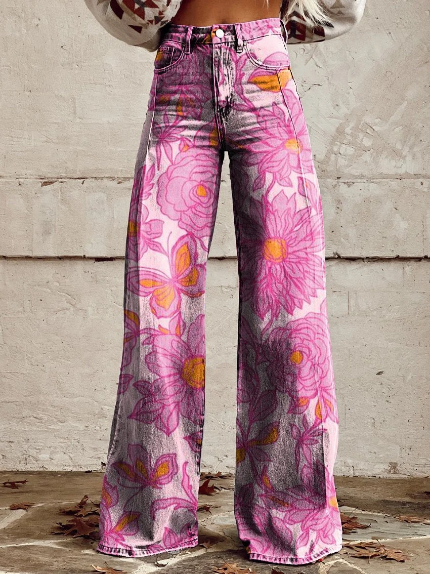 Pink Flower Print Women's Print Casual Wide Leg Pants