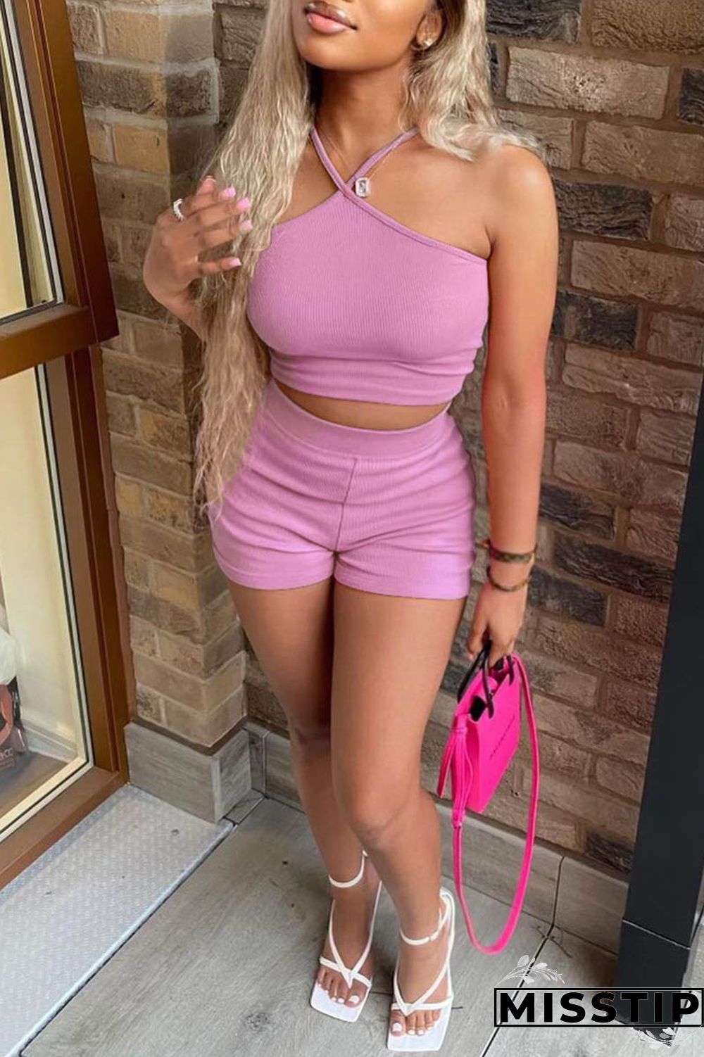 Pink Sexy Casual Solid Backless Spaghetti Strap Sleeveless Two Pieces