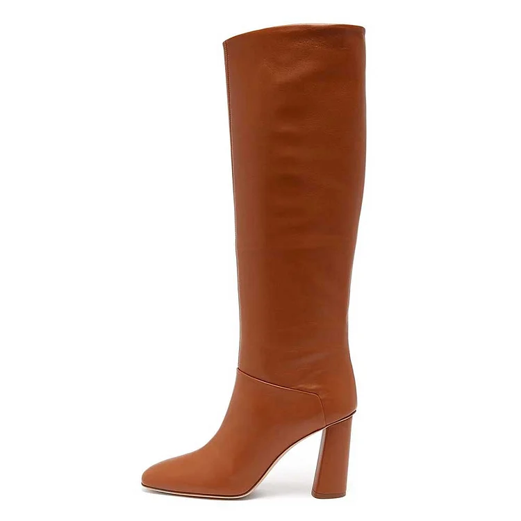 Tan Vegan Leather Chunky Heel Dress Boots for Women |FSJ Shoes