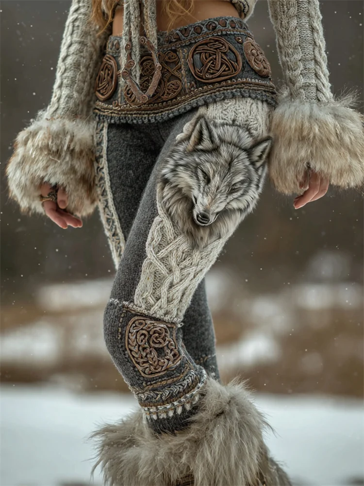 Fuzzy Wolf Viking Celt Knot Chunky Cozy Leggings