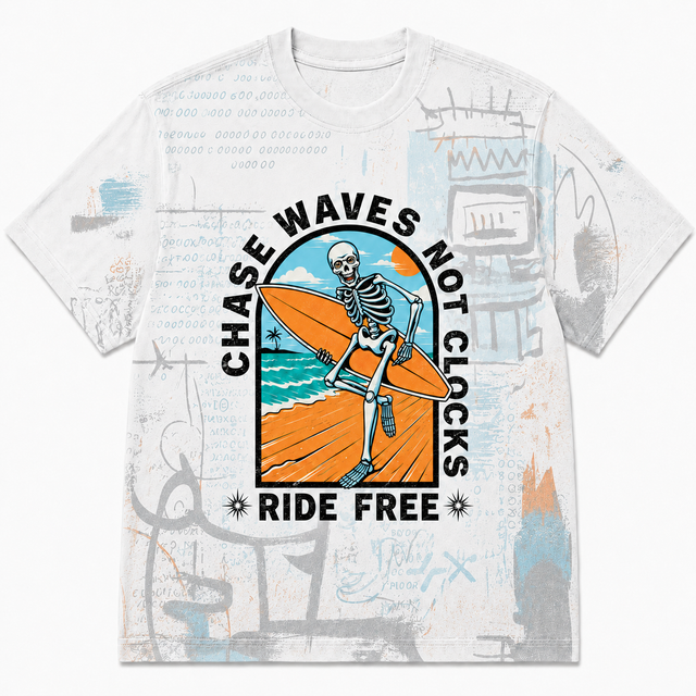 Surf Chase Waves Cotton T-Shirt - White / Orange / Blue