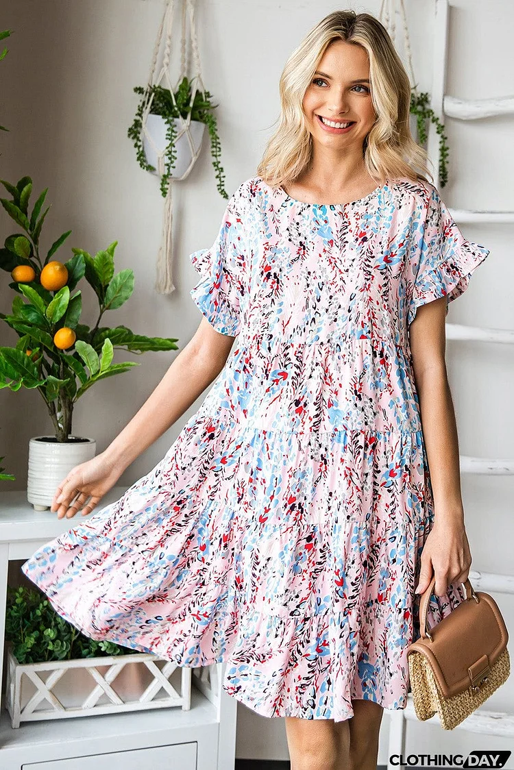 Printed Short Flounce Sleeve Tiered Dress