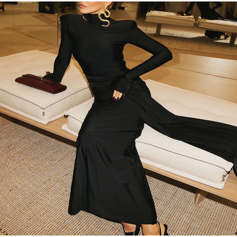 Elegant Black High Neck Bodycon Maxi Dresses Sexy O-neck Long Sleeve Shoulder Pad Lace Up Vestidos 2024 Autumn Lady Party Robes 12 Elegant Black High Neck Bodycon Maxi Dresses Sexy O-neck Long Sleeve Shoulder Pad Lace Up Vestidos 2024 Autumn Lady Party Robes