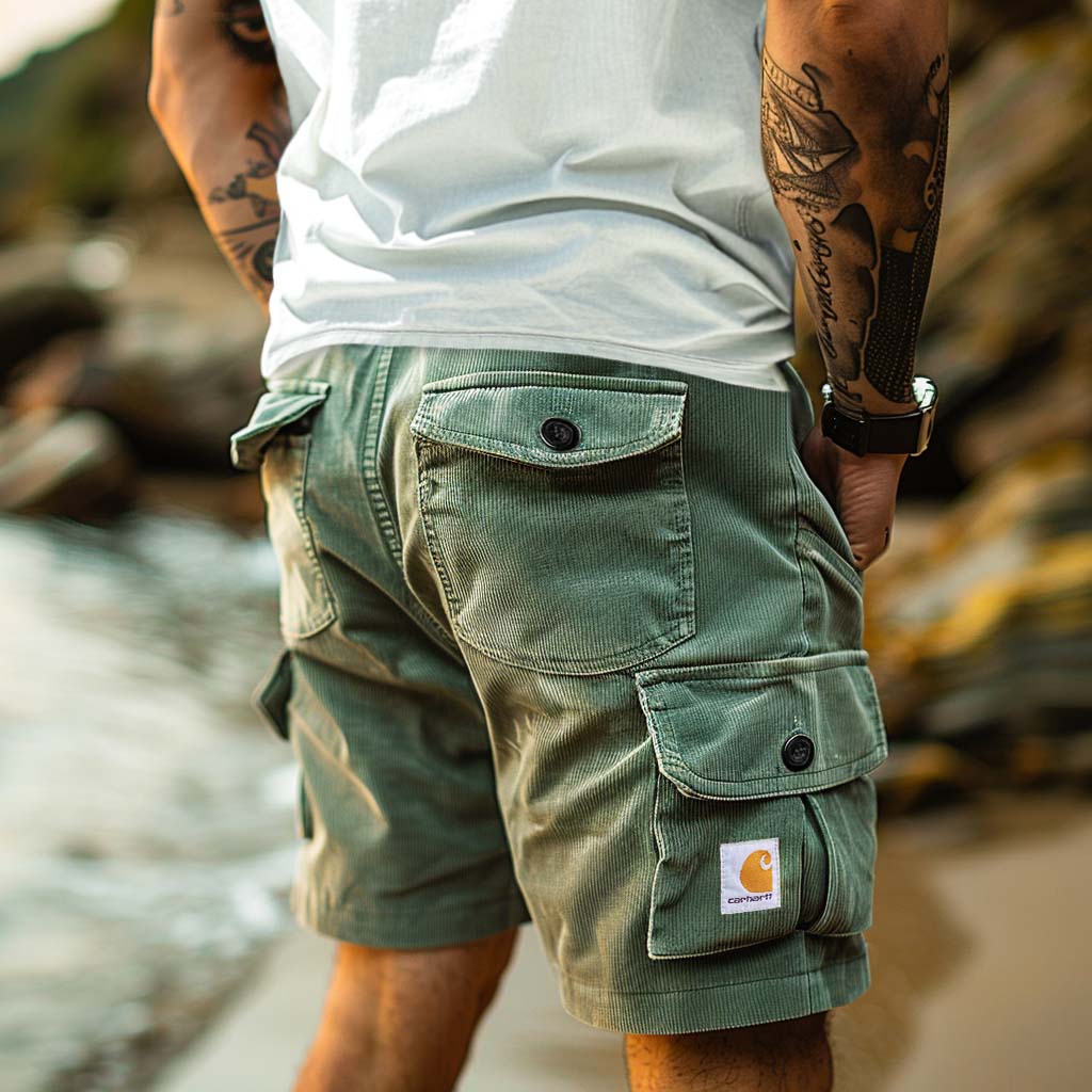 Men's Carhartt Quilted Graphic T-Shirt for Men - Perfect for Casual Wear and Everyday StyleCorduroy Surf Shorts Vintage Beach Vacation Multi-Pocket Daily Hawaii Casual Walkshort