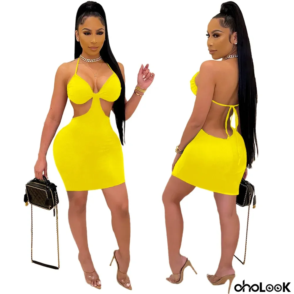 Plus Size Sexy Fashion Lace Up Backless Solid Color Nightclub Dress