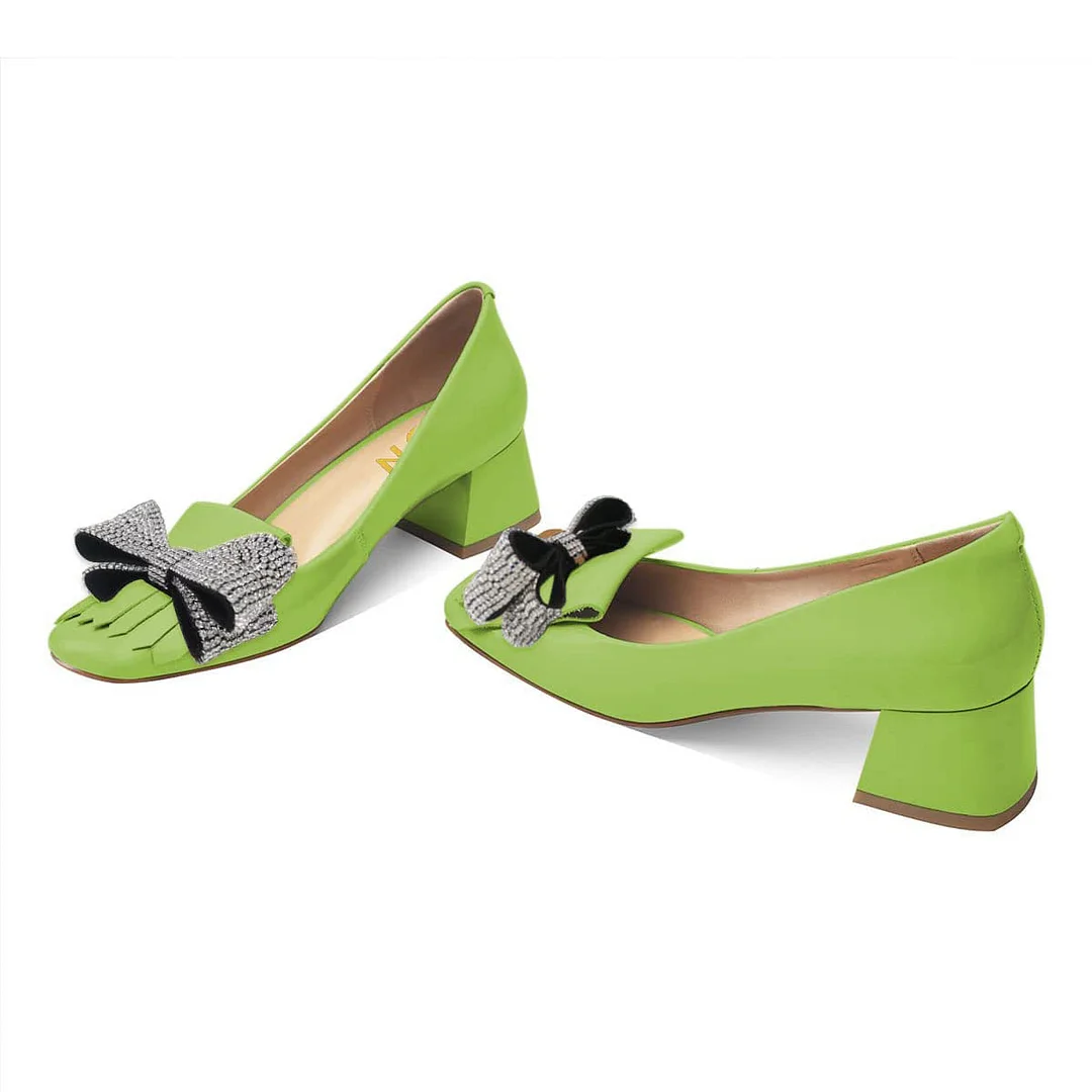 Light Green Sqaure Toe Fringe Low Heel Pumps with Rhinestone Bow