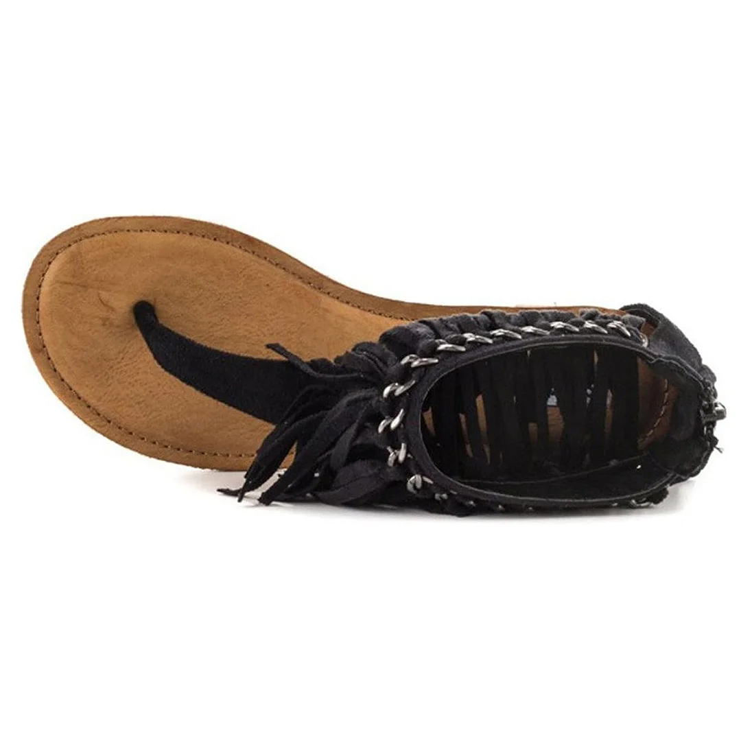 Black Round Toe Fringes Flip Flops Summer Sandals with Metal Chain