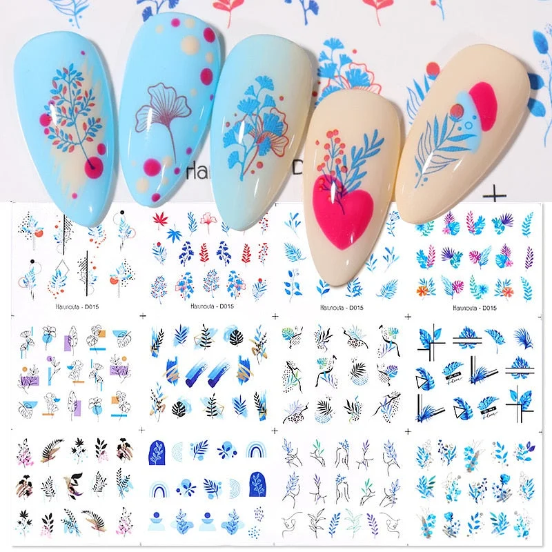 Harunouta 12pcs Simple Green Theme Water Decal Sticker Flower Leaf Tree Spring DIY Slider For Manicuring Nail Art Watermarks