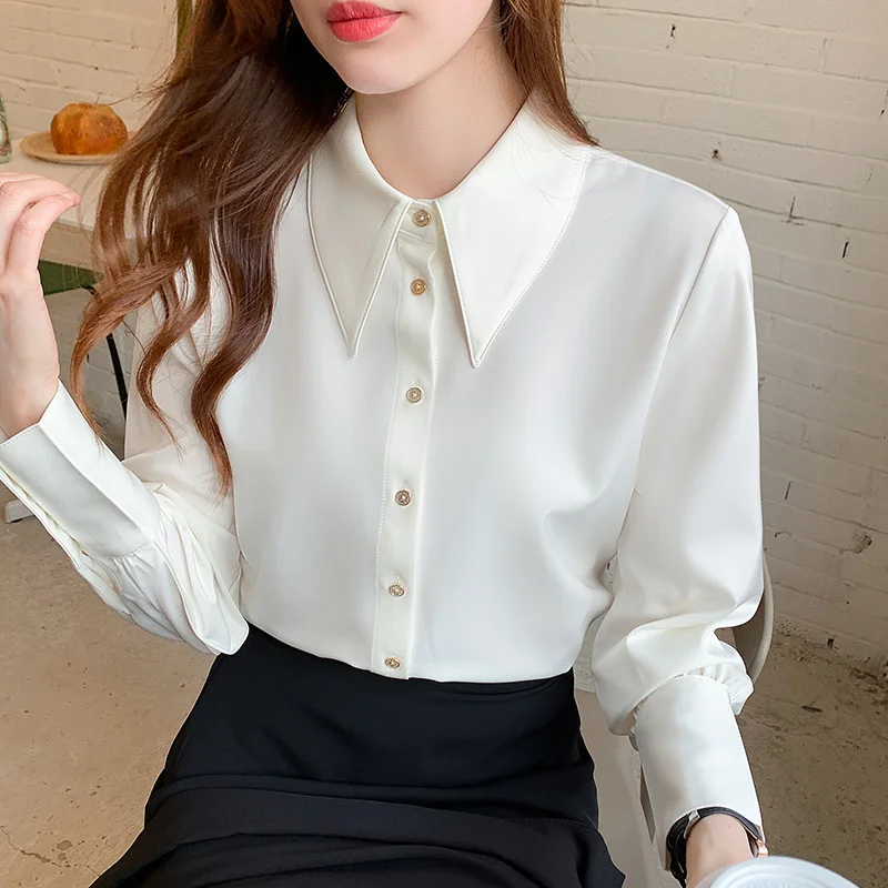 Woherb Woherb Small Pointed Collar Satin Gloss Commuter Professional White Shirt Female Design Sense Niche 2023 Autumn Wear-Outfit Ideas
