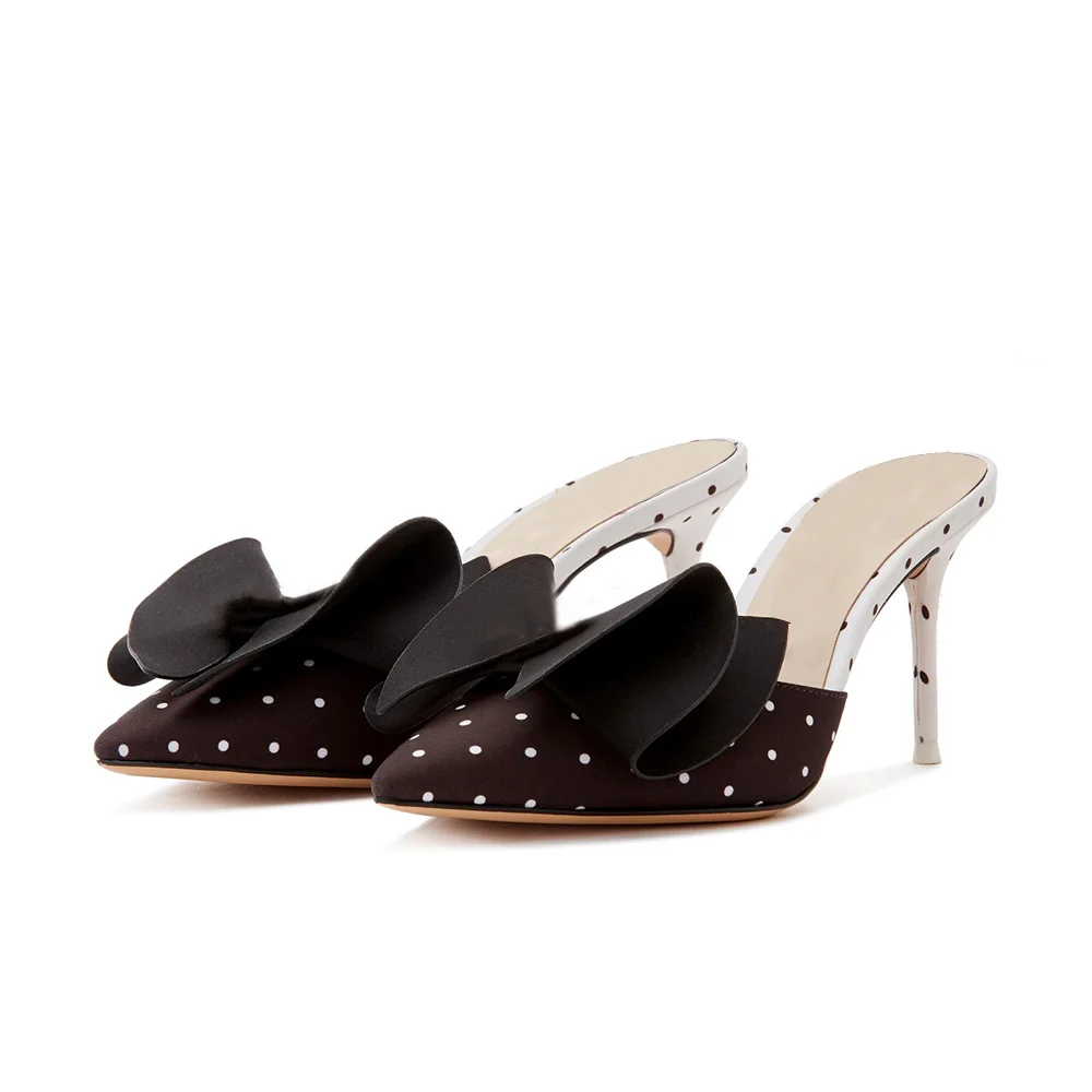 Black & White Satin Pointed Toe Stiletto Heel Mules with Polka Dots Nicepairs