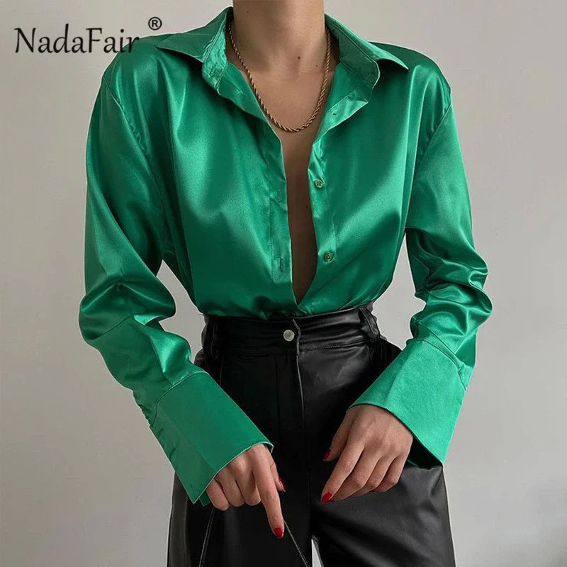Budgetg Nadafair Satin Blouses Women 2021 Blusas y Camisas Green Button Up Silk Shirts Long Sleeve Ladies Tops Tunics Blusa Feminina