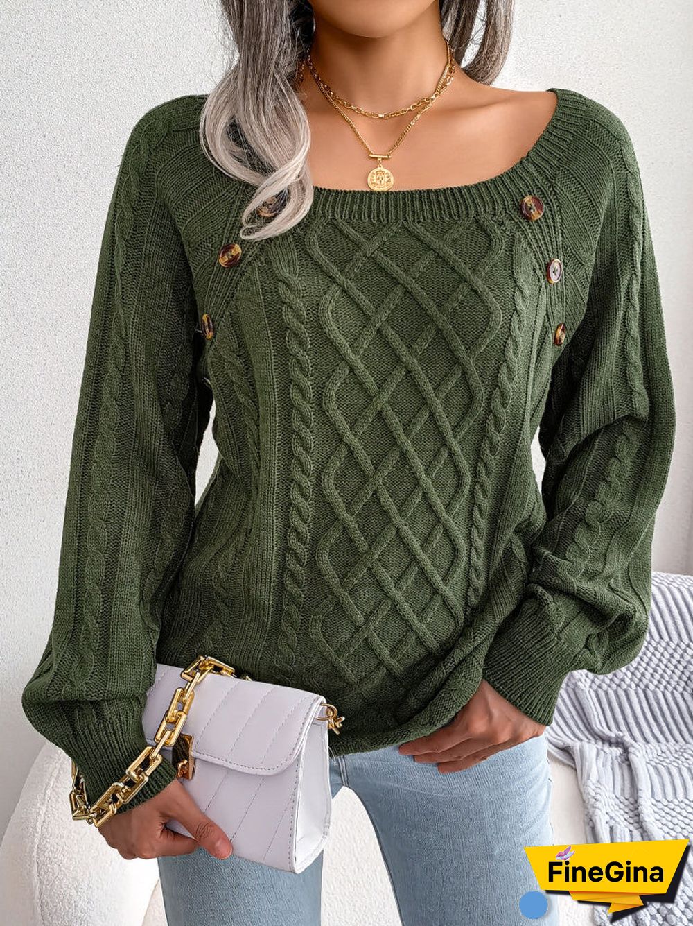 Women's  U-neck Slouchy Twist Knitting Long Sleeved Top