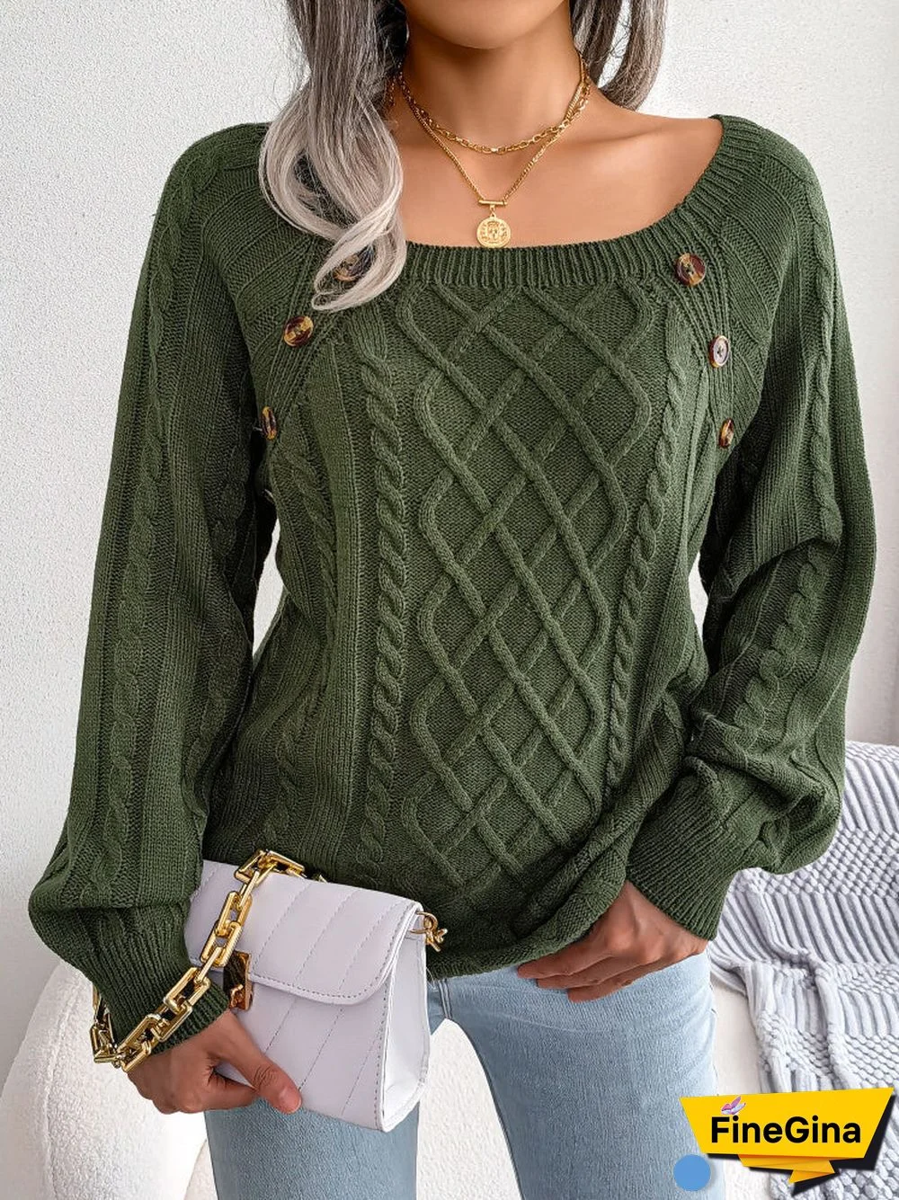 Women's  U-neck Slouchy Twist Knitting Long Sleeved Top